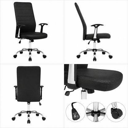 Silla De Oficina Ejecutiva Reclinable De Cuero Sintético – Respaldo Alto Y Base Cromada Giratoria