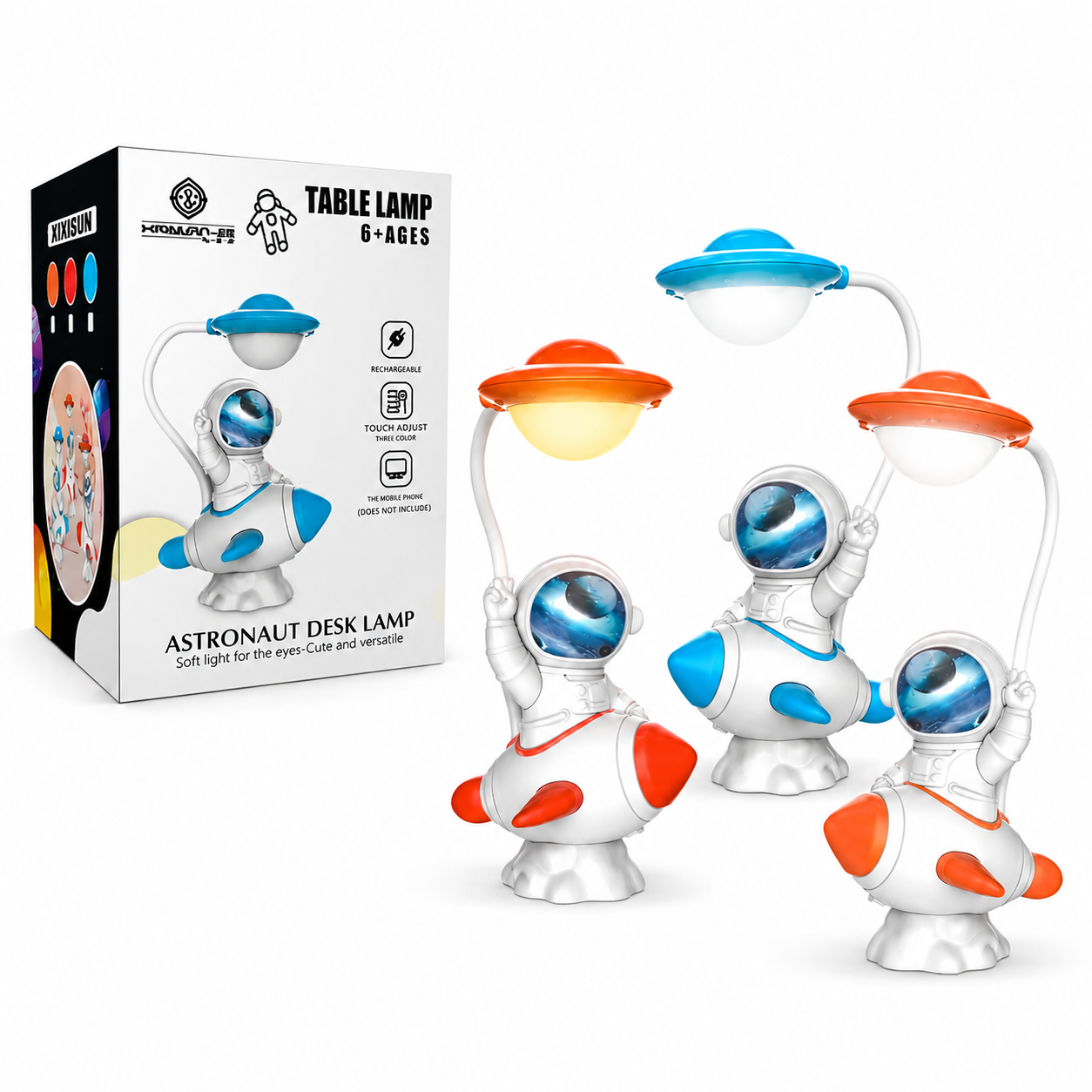 Lámpara Astronauta Sobre Cohete Espacial – LED Recargable Con Cabezal Planeta Y Brazo Flexible Para Niños