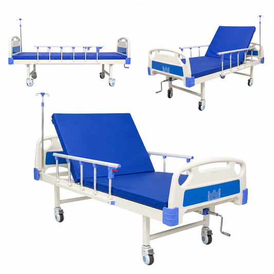 Cama Hospitalaria Manual 1 Posición Con Barandales Y Porta Sueros – Estructura De Acero Con Ruedas Neumáticas