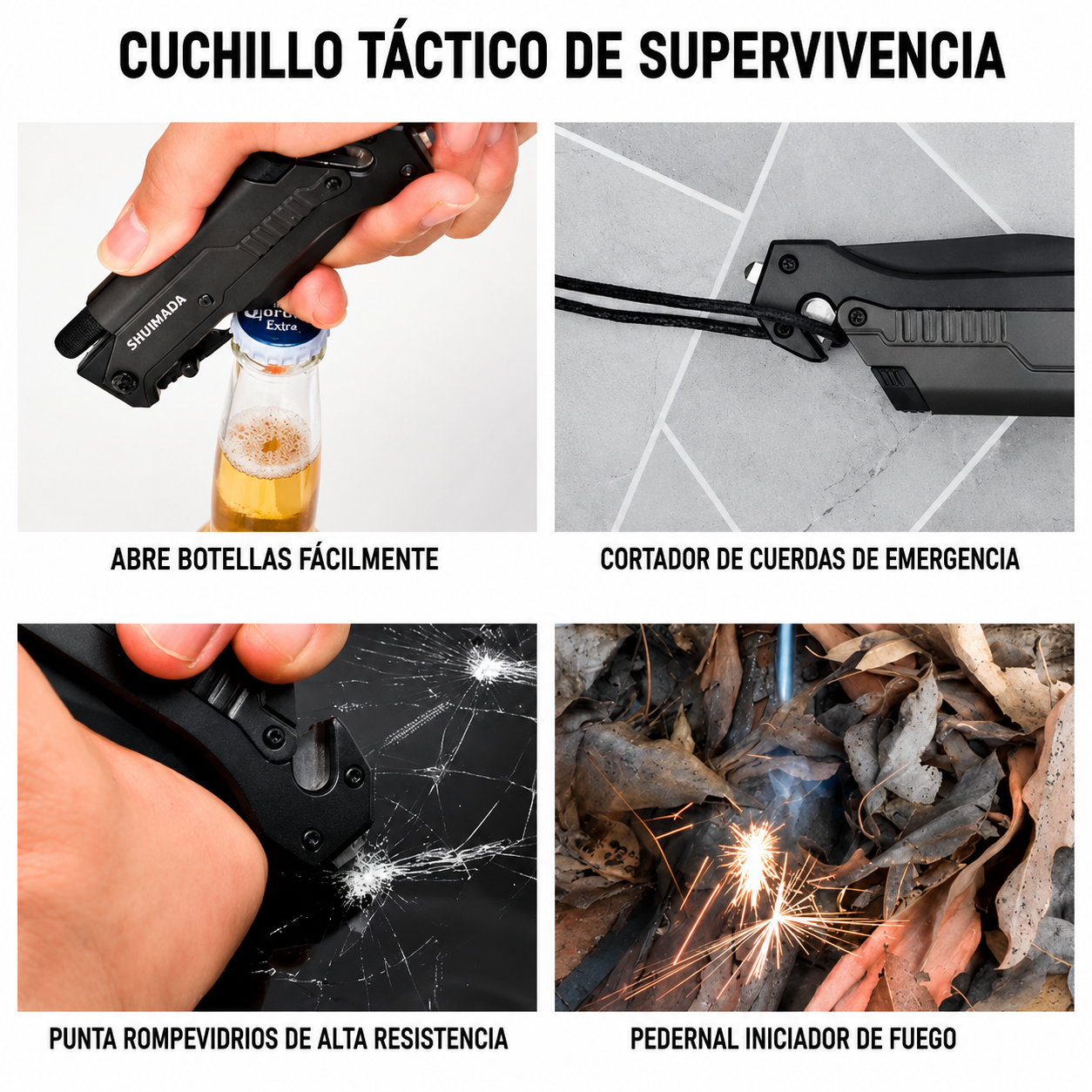 Navaja Táctica Plegable 6 En 1 Con Linterna LED – De Supervivencia Con Cortacuerdas Rompevidrios Y Encendedor
