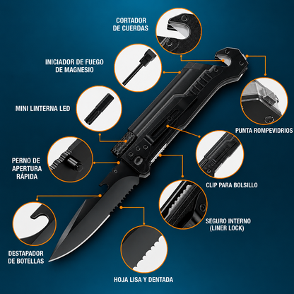 Navaja Táctica Plegable 6 En 1 Con Linterna LED – De Supervivencia Con Cortacuerdas Rompevidrios Y Encendedor
