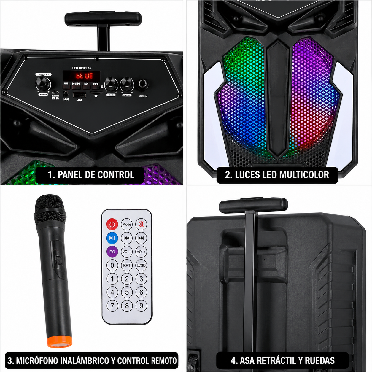 Parlante Bluetooth 12 Pulgadas Con Micrófono Y Luces RGB – Recargable Tipo Trolley Con Control Remoto