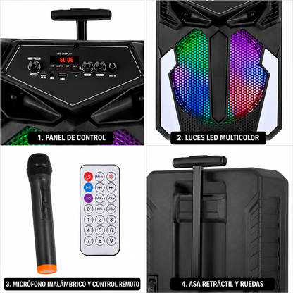 Parlante Bluetooth 12 Pulgadas Con Micrófono Y Luces RGB – Recargable Tipo Trolley Con Control Remoto