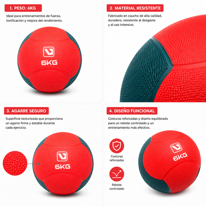 Pelota Medicinal LiveUp 6kg – Balón De Goma Antideslizante Para Entrenamiento De Fuerza Y Potencia