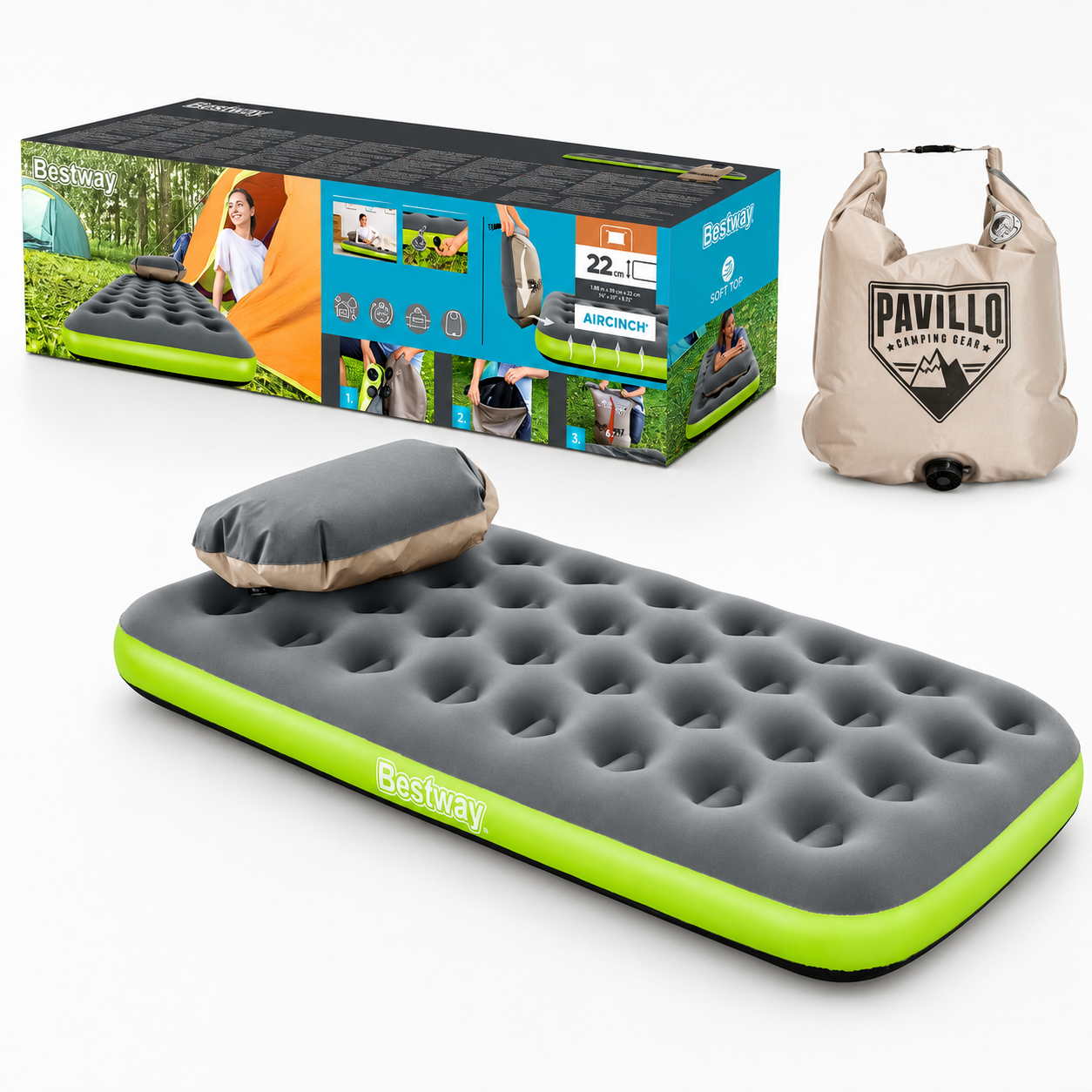 Colchón Inflable Bestway 67619 1 Plaza Roll & Relax con Inflador Almohada