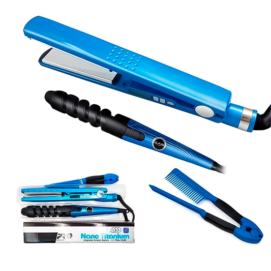Combo Nano Titanium 3 En 1 – Plancha, Rizador Profesional Y Peine Separador Para Cabello
