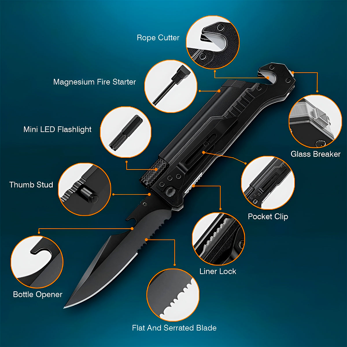 Cuchillo Navaja Táctico 6 En 1 Multifuncional Plegable + Linterna SN-594