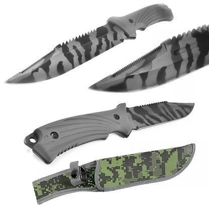 Cuchillo Táctico Militar Pixelado Camuflado – Hoja Dentada Y Lisa Con Funda De Nylon Para Actividades Al Aire Libre