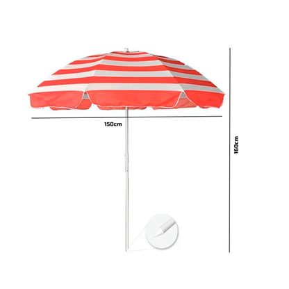 Sombrilla Paraguas Playero Rayas Rojas Y Blancas – Parasol De Playa Con Altura Ajustable Y Protección UV