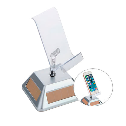 Exhibidor Giratorio Solar Para Teléfono Sin Baterías – Base Plateada Con Soporte Acrílico Curvado Para Vitrina