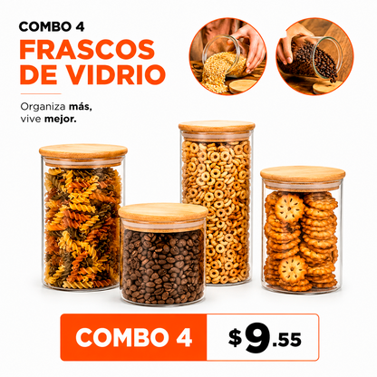 Combo 4 Frascos De Vidrio Con Tapa De Bambú – Contenedores Herméticos Para Café, Granos Y Cereales