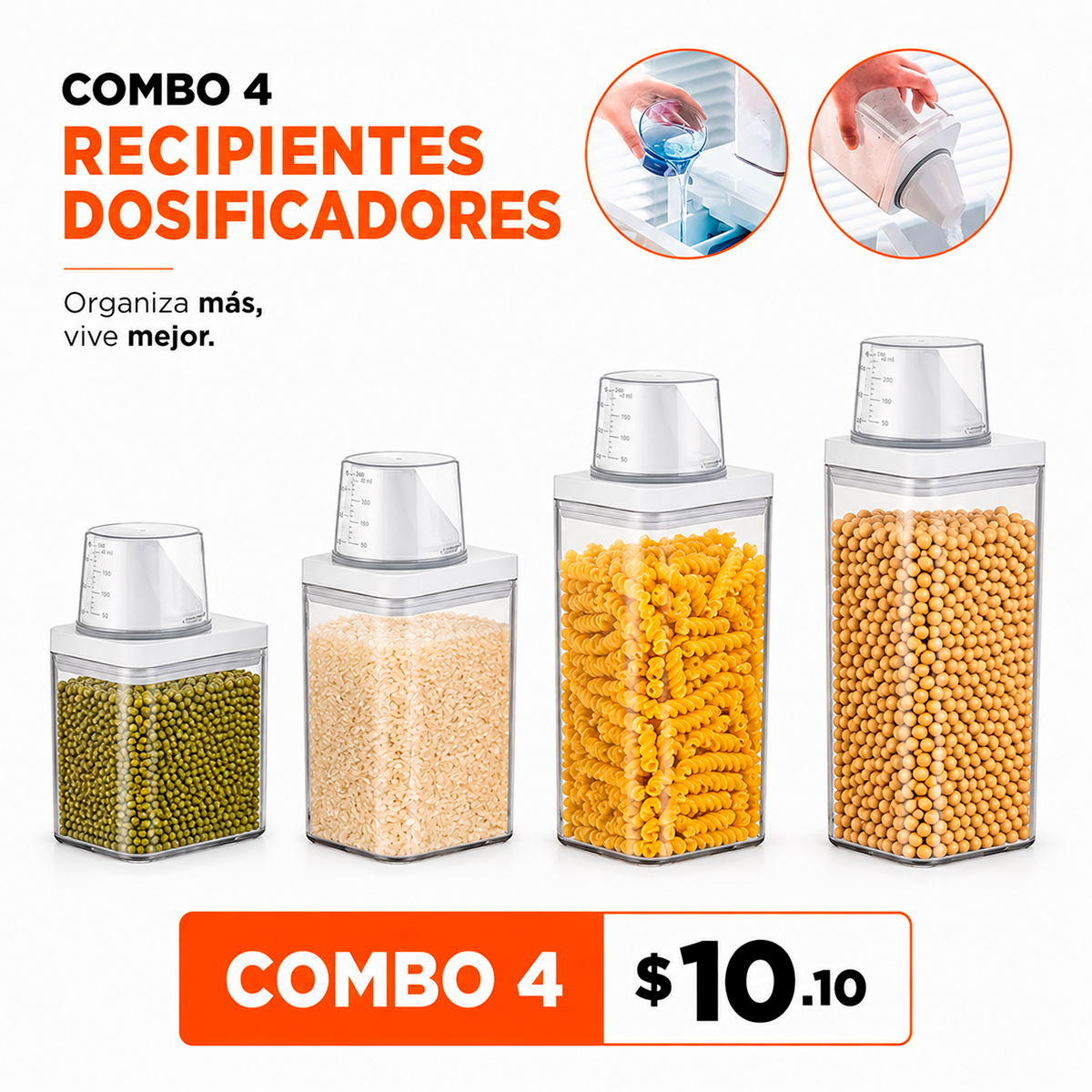 Combo 4 Recipientes Dosificadores Con Tapa Medidora – Set Transparente Para Detergente, Granos Y Azúcar