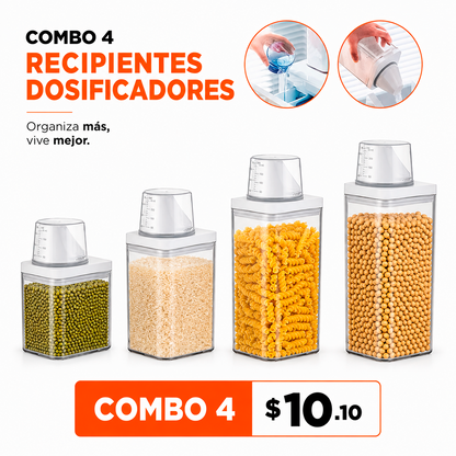 Combo 4 Recipientes Dosificadores Con Tapa Medidora – Set Transparente Para Detergente, Granos Y Azúcar