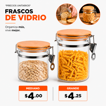 Combo 2 Frascos De Vidrio Con Clip Metálico Y Tapa De Bambú – Contenedores Herméticos Para Café Y Pasta