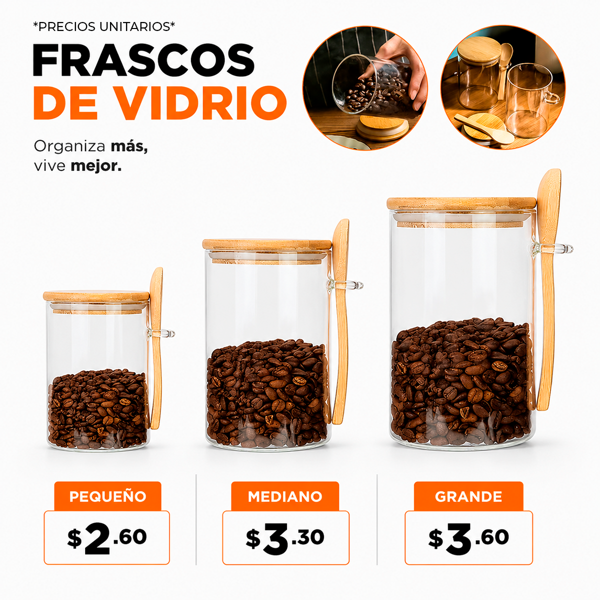 Combo 3 Frascos De Vidrio Con Tapa De Bambú Y Cucharita – Contenedores Herméticos Para Café Y Especias