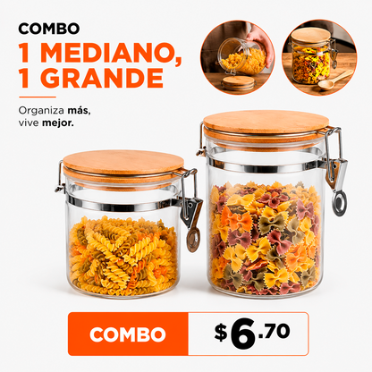 Combo 2 Frascos De Vidrio Con Clip Metálico Y Tapa De Bambú – Contenedores Herméticos Para Café Y Pasta