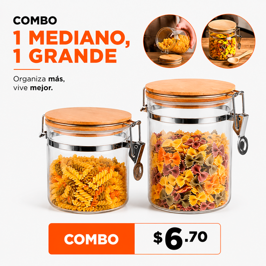 Combo 2 Frascos De Vidrio Con Clip Metálico Y Tapa De Bambú – Contenedores Herméticos Para Café Y Pasta
