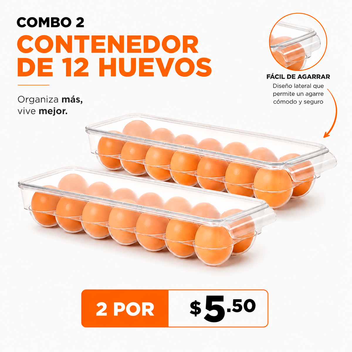 Combo Organizador Para 12 Huevos Con Tapa – Bandeja Apilable Transparente Para Refrigerador