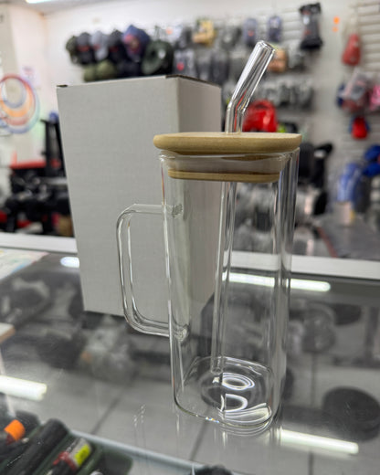 Vaso De Vidrio Con Tapa De Bambú Y Sorbete 450ml – Diseño Rectangular Reutilizable Para Bebidas Frías