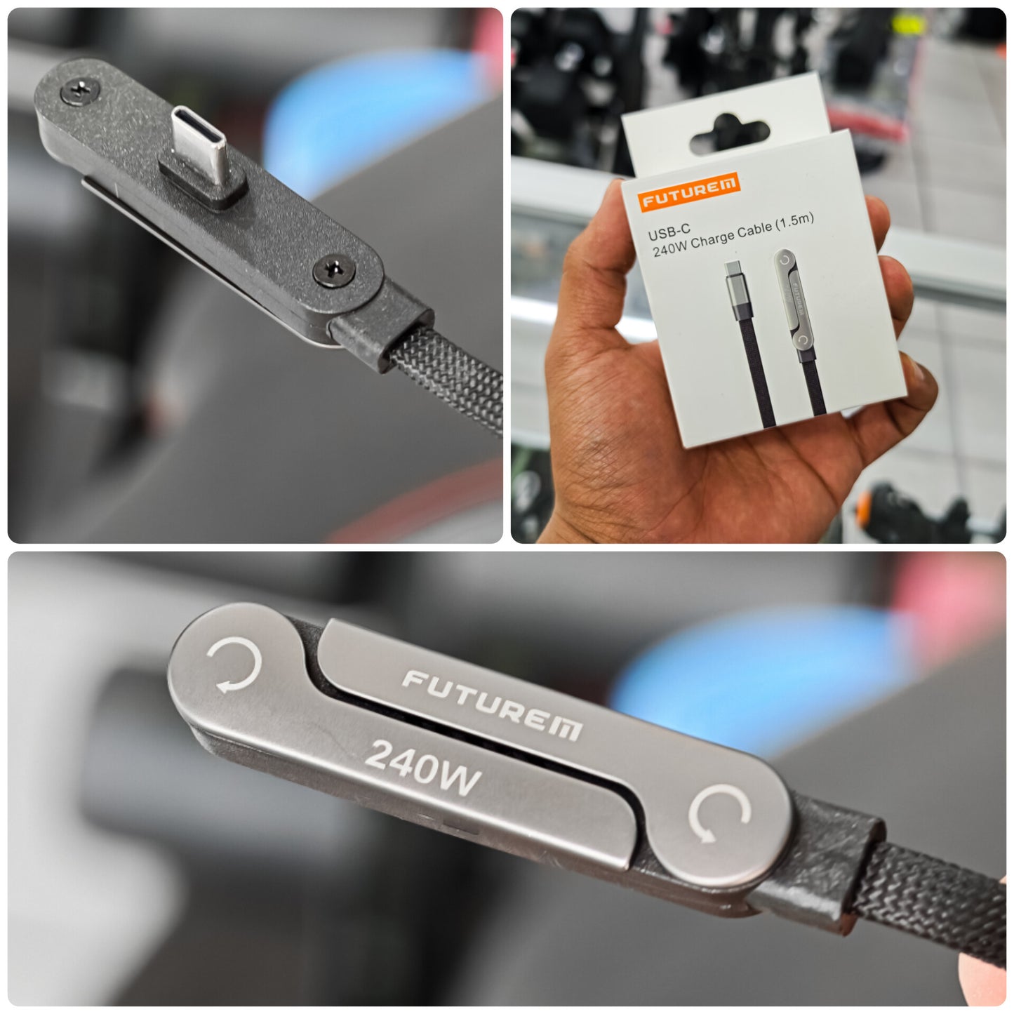 Cable USB-C 240W Con Soporte Plegable Integrado 1.5m – Conector Giratorio En Ángulo Para Cargar Y Ver