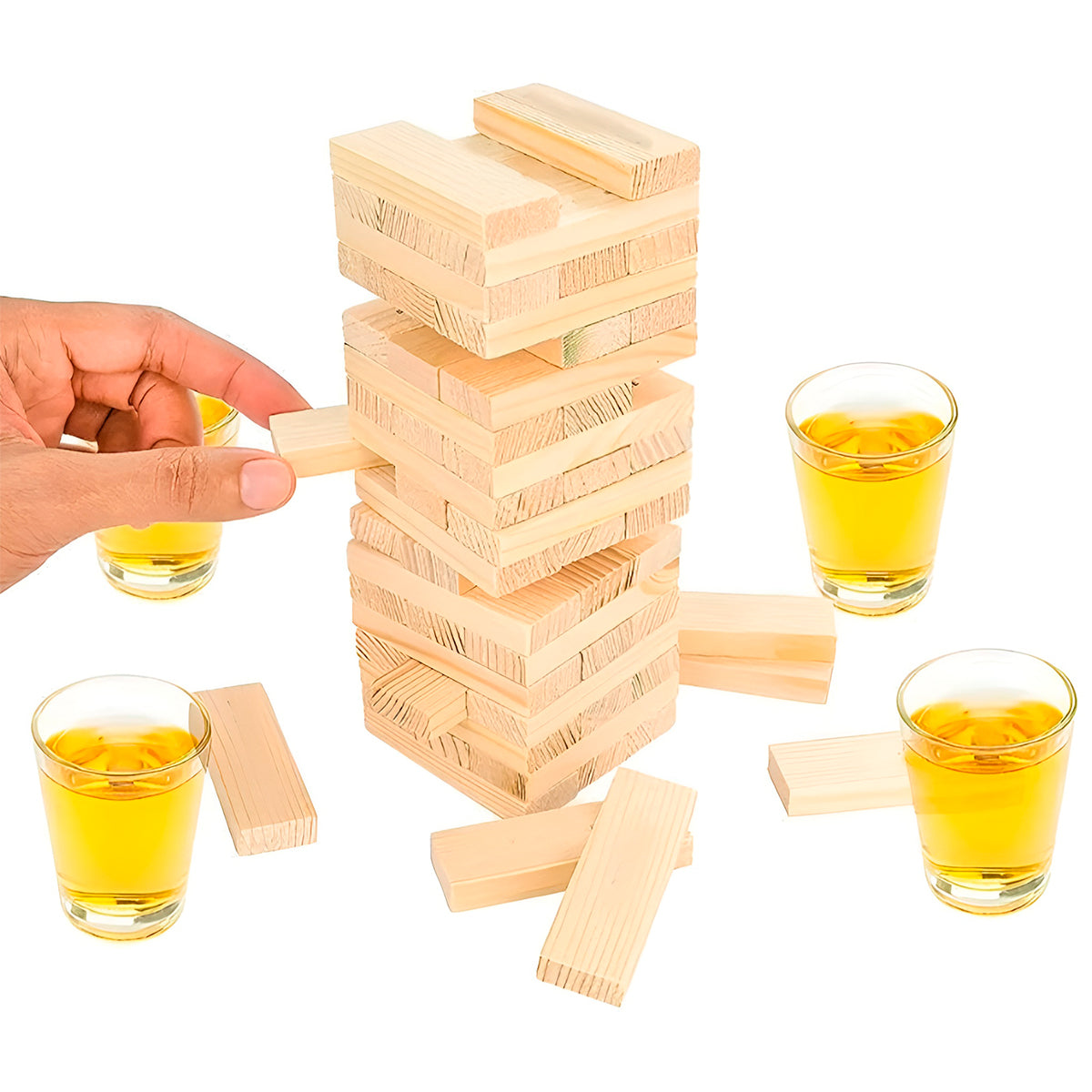 Jenga Bloques De Construcción De Madera + 1 Dado + 4 Vasos Chupitos Shots