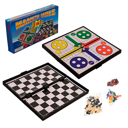 Juego De Mesa Magnético 3 En 1: Ajedrez, Damas Y Ludo Plegable Portátil