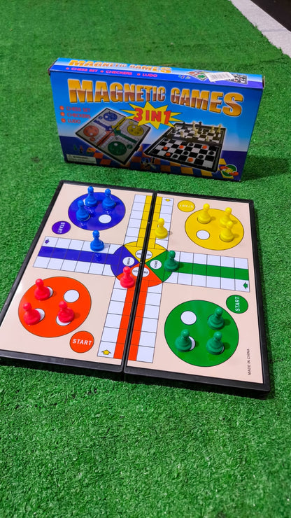 Juego De Mesa Magnético 3 En 1: Ajedrez, Damas Y Ludo Plegable Portátil