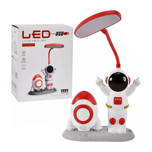 Lámpara Astronauta Con Cohete Para Escritorio – Led Recargable 3 En 1 Con Porta Lápices, Sacapuntas Y Luz Regulable