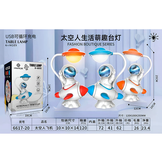 Lámpara Led Recargable Con Diseño De Astronauta En Cohete – Modelo Infantil De Escritorio Con Brazo Flexible Y Luz Cálida O Blanca