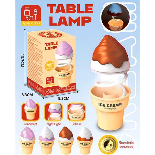 Lámpara Led Recargable Con Diseño De Helado De Cono – Luz Blanca Cálida Para Escritorio Con Brazo Flexible Y Compartimiento Interno