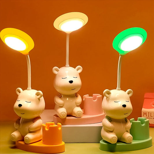 Lámpara Led Infantil De Escritorio Con Forma De Osito – Modelo Recargable 3 En 1 Con Sacapuntas, Porta Lápiz Y Luz Regulable