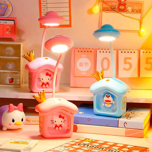 Lámpara Led Infantil Recargable Con Diseño De Casa – Modelos Hello Kitty Y Doraemon Con 4 Modos De Luz Y Brazo Flexible Para Escritorio