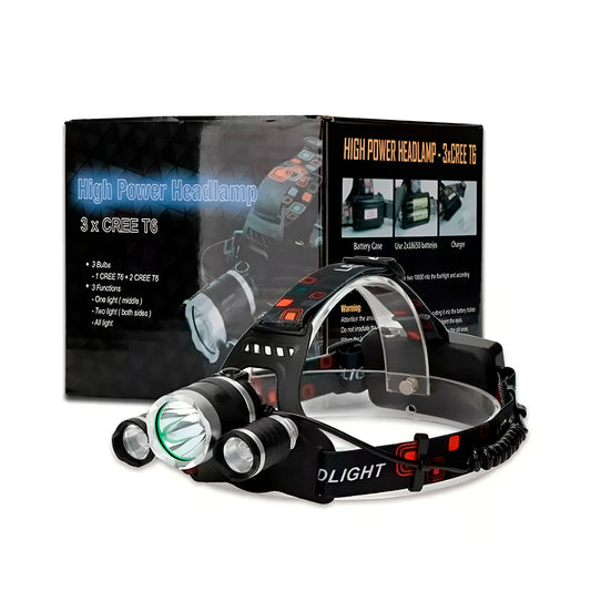 Linterna De Cabeza Triple Cañon Frontal Recargable Luz LED SN-205