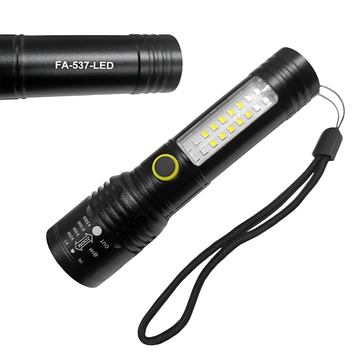 Linterna Led Recargable FA-537 Con Luz Lateral Roja/Azul – Linterna Multifunción Con Zoom Para Uso Táctico Y Emergencias