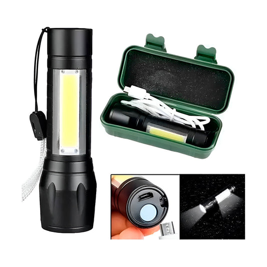 Linterna Mini Táctica LED USB Recargable – Luz Frontal Y Lateral Con Zoom, Estuche Rígido Y Resistencia Al Agua IPX6