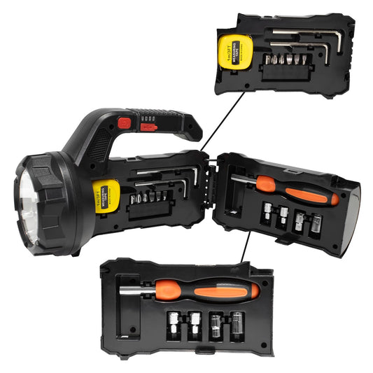 Linterna LED Multiherramienta Reflector Recargable – 5000 Lúmenes, 5 Modos De Luz Y Kit De Herramientas Integrado