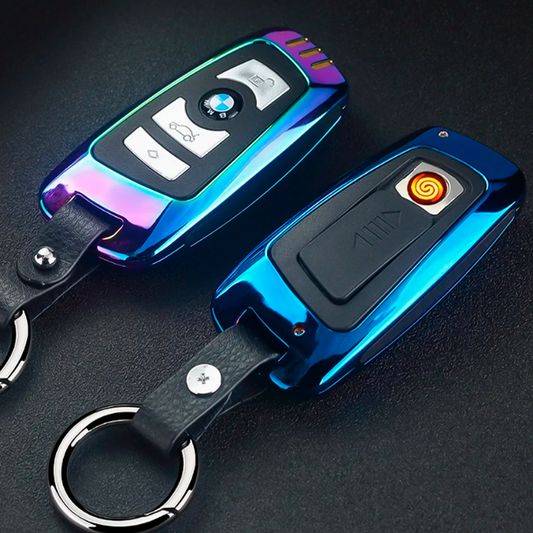 Llavero Encendedor Recargable Tipo Control De Auto – Diseño Metálico Con Correa De Cuero Sintético (Varios Modelos Automotrices)