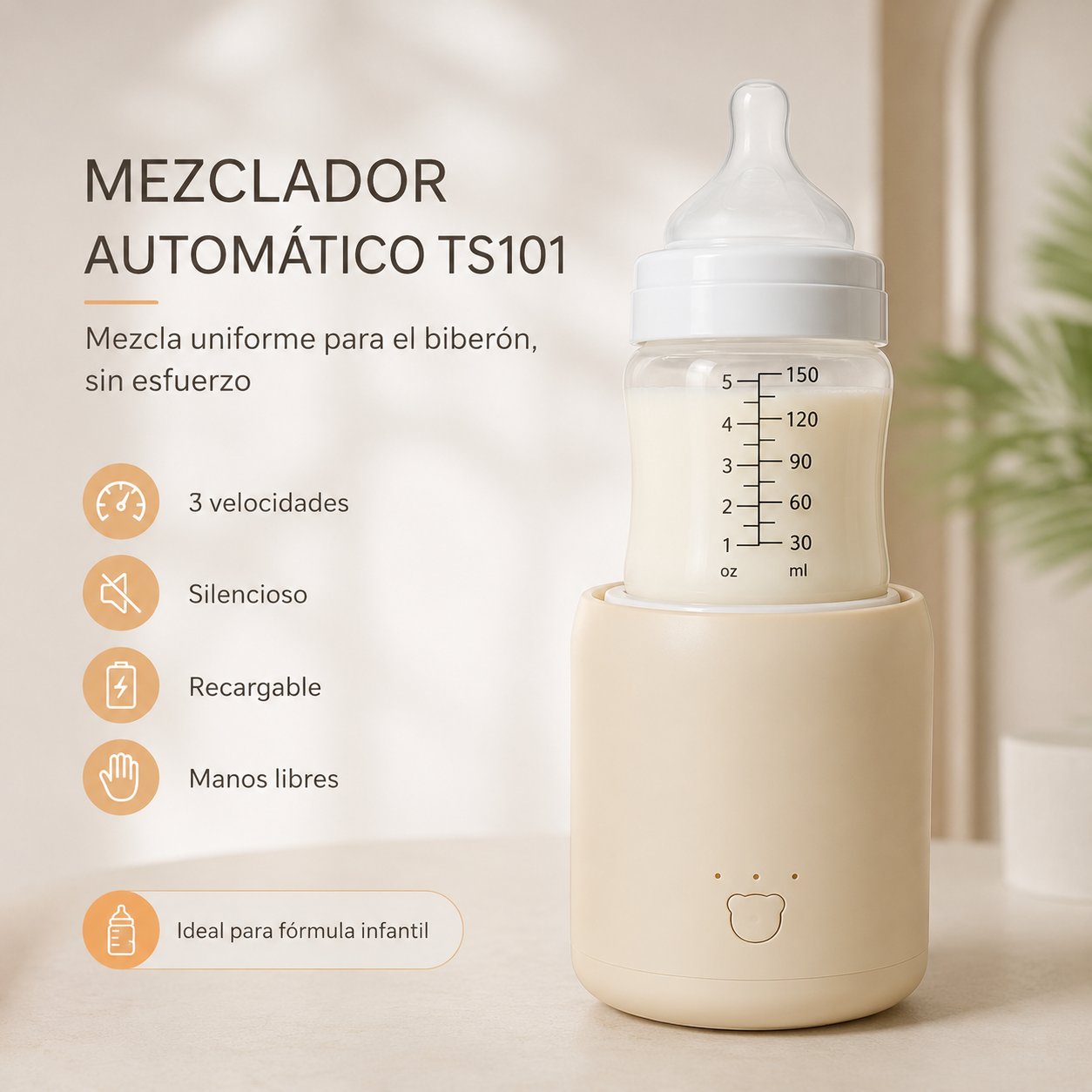 Mezclador Automático de Biberón Recargable TS101 con 3 Velocidades