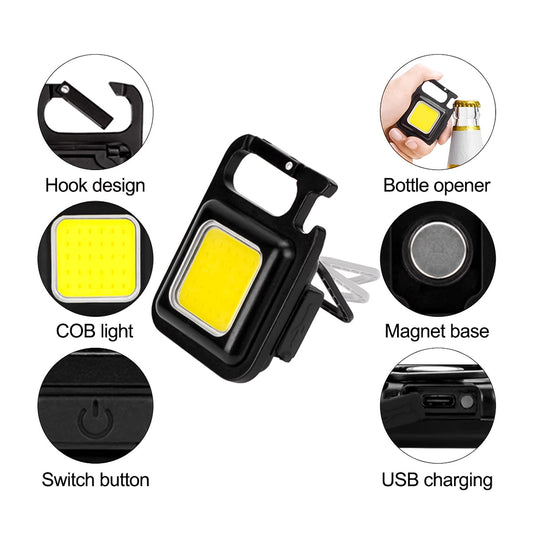 Mini Linterna Reflector LED Recargable Portátil – Llavero Impermeable De 800 Lúmenes Con Base Magnética Y Abrebotellas