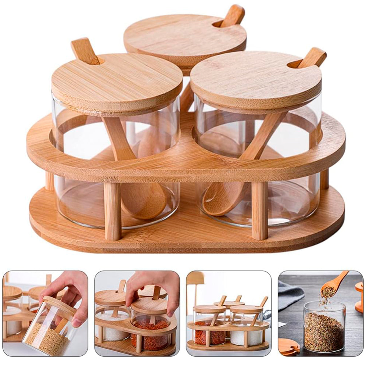 Organizador Envase Contenedor De Alimento Redondo De Vidrio Con Base Triangular Tapas Y Cucharas