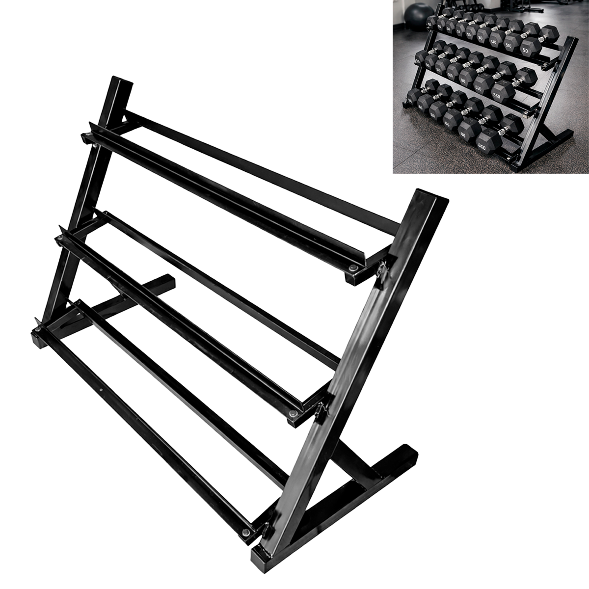 Portamancuernas Metálico De 3 Niveles Para Gimnasio – Soporte Resistente Para Mancuernas Hexagonales