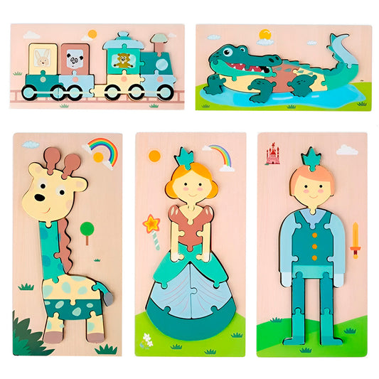 Rompecabezas De Madera 3D Para Niños – Figuras Didácticas De Animales, Transporte Y Personajes