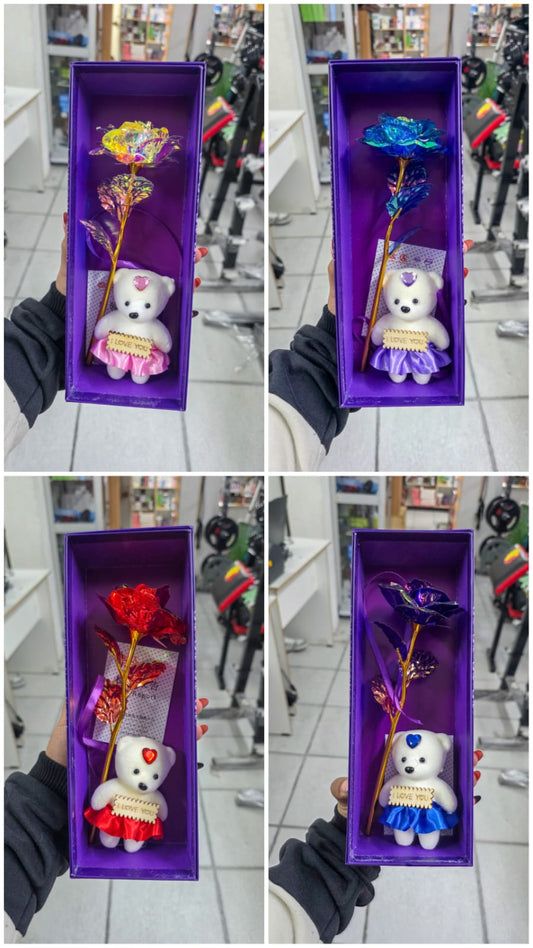 Rosa Dorada Iridiscente Con Osito En Caja De Regalo – Detalle Decorativo Con Mensaje “I Love You”