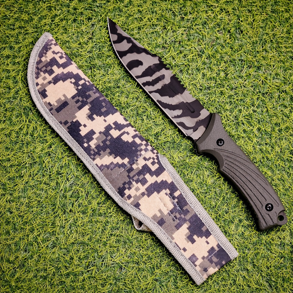 Cuchillo Táctico Militar Pixelado Camuflado – Hoja Dentada Y Lisa Con Funda De Nylon Para Actividades Al Aire Libre