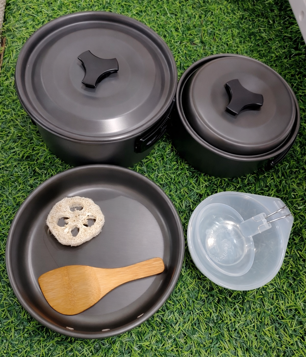 Set de Ollas para Camping 422 — Kit Compacto de Aluminio Anodizado | 2 Ollas + Sartén + Accesorios