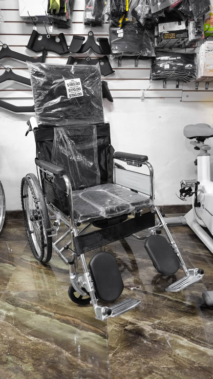 Silla De Ruedas Semi Reclinable Con Inodoro Plegable – Cromada, Importada, Reposapiés Elevables