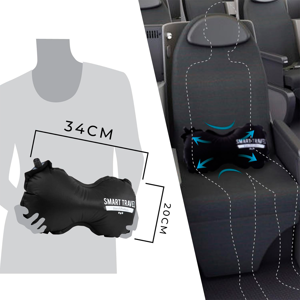 Almohada SmartTravel Lumbar Inflable para Viajes – Soporte Ergonómico de Espalda con Válvula de Auto-Inflado