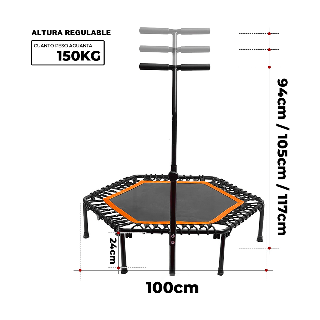 Trampolín Jumping Hexagonal Con Barra Regulable Y Tensores Elásticos – Fitness 100cm Hasta 150kg