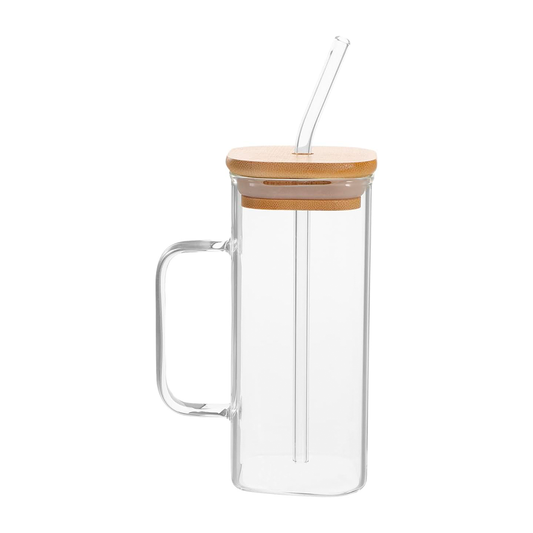 Vaso De Vidrio Con Tapa De Bambú Y Sorbete – Diseño Rectangular Reutilizable Para Bebidas Frías