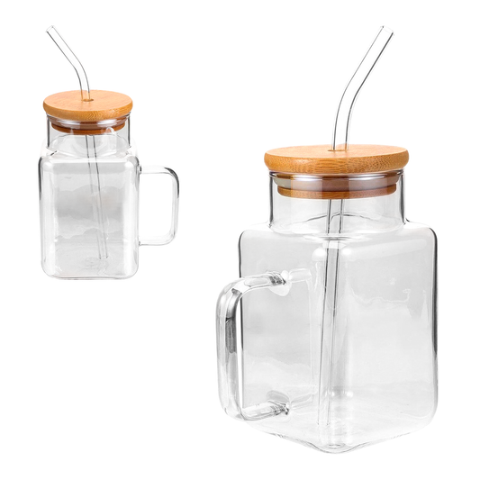 Vaso De Vidrio Con Tapa De Bambú Y Sorbete – Diseño Cuadrado Reutilizable Para Bebidas Frías